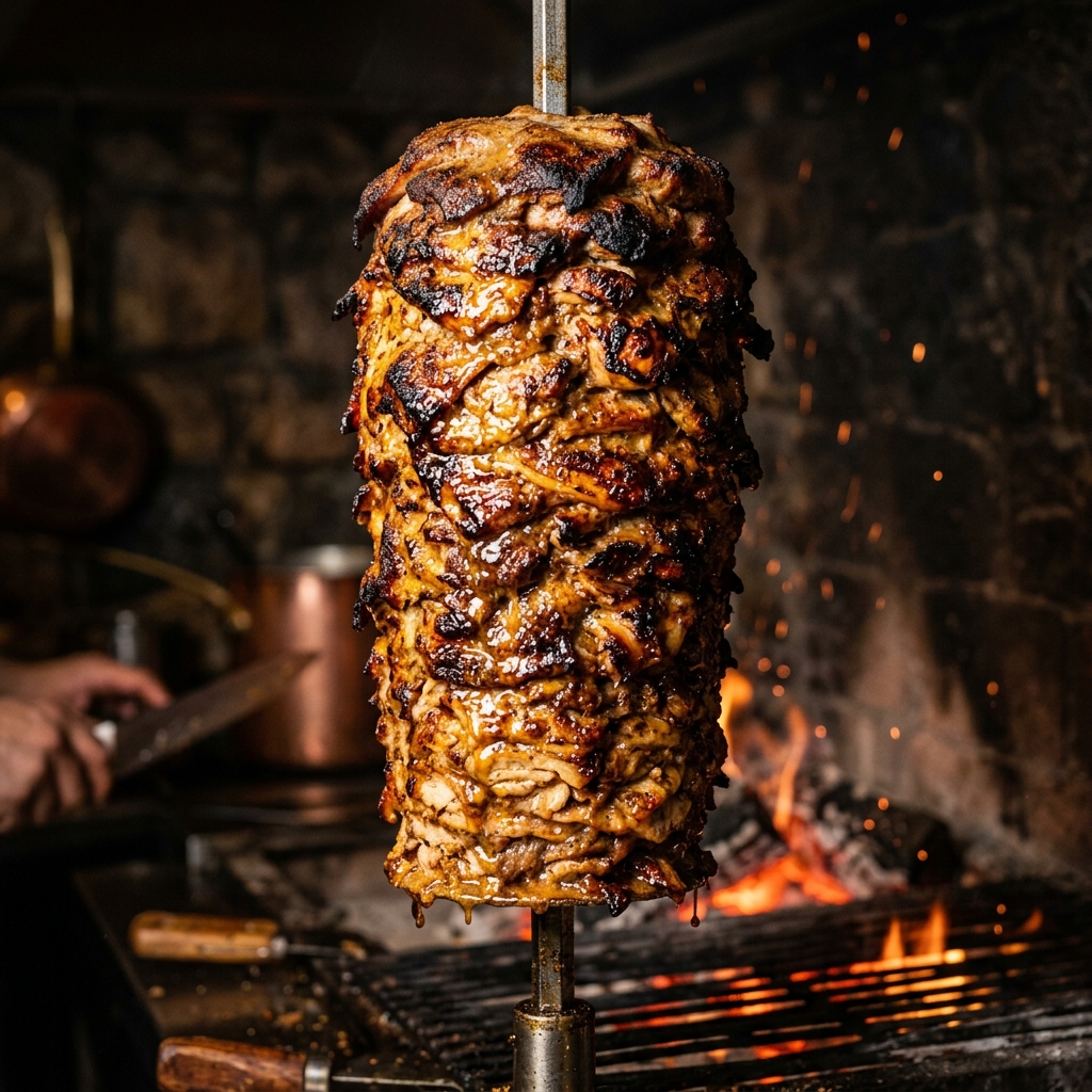 Shawarma roasting on a vertical flame spit